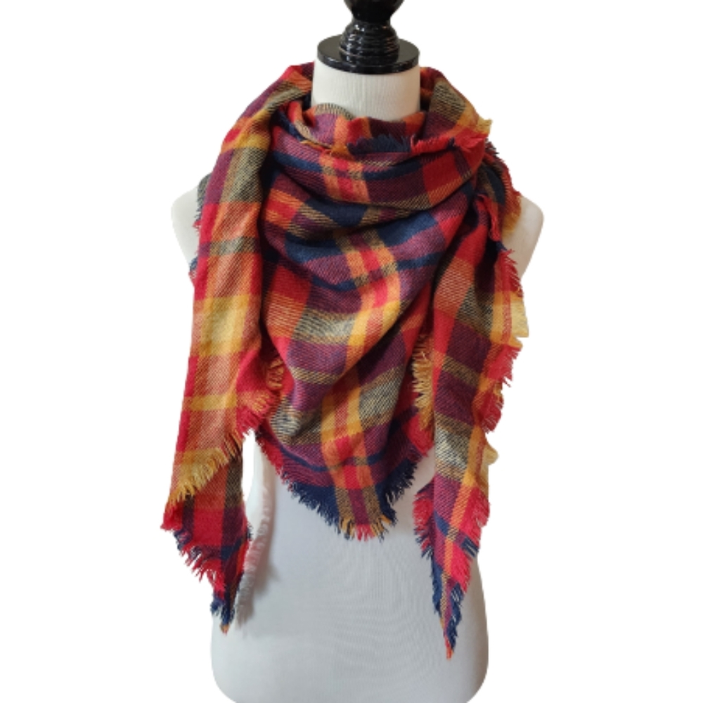 Big plaid triangle blanket scarf with fringe red, yellow and navy blue